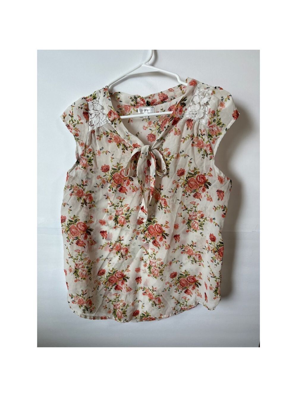 Marisol Women Floral Tie Neck Blouse Cream Pink Orange Lace Shoulder Top Large